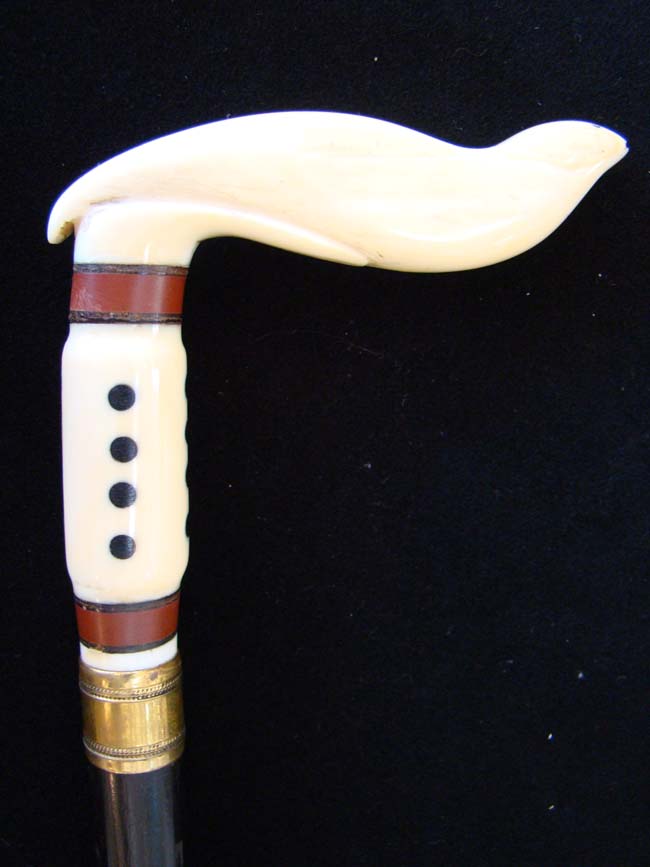 A beautiful Walrus ivory mounted cane with baleen inlays circa 1910